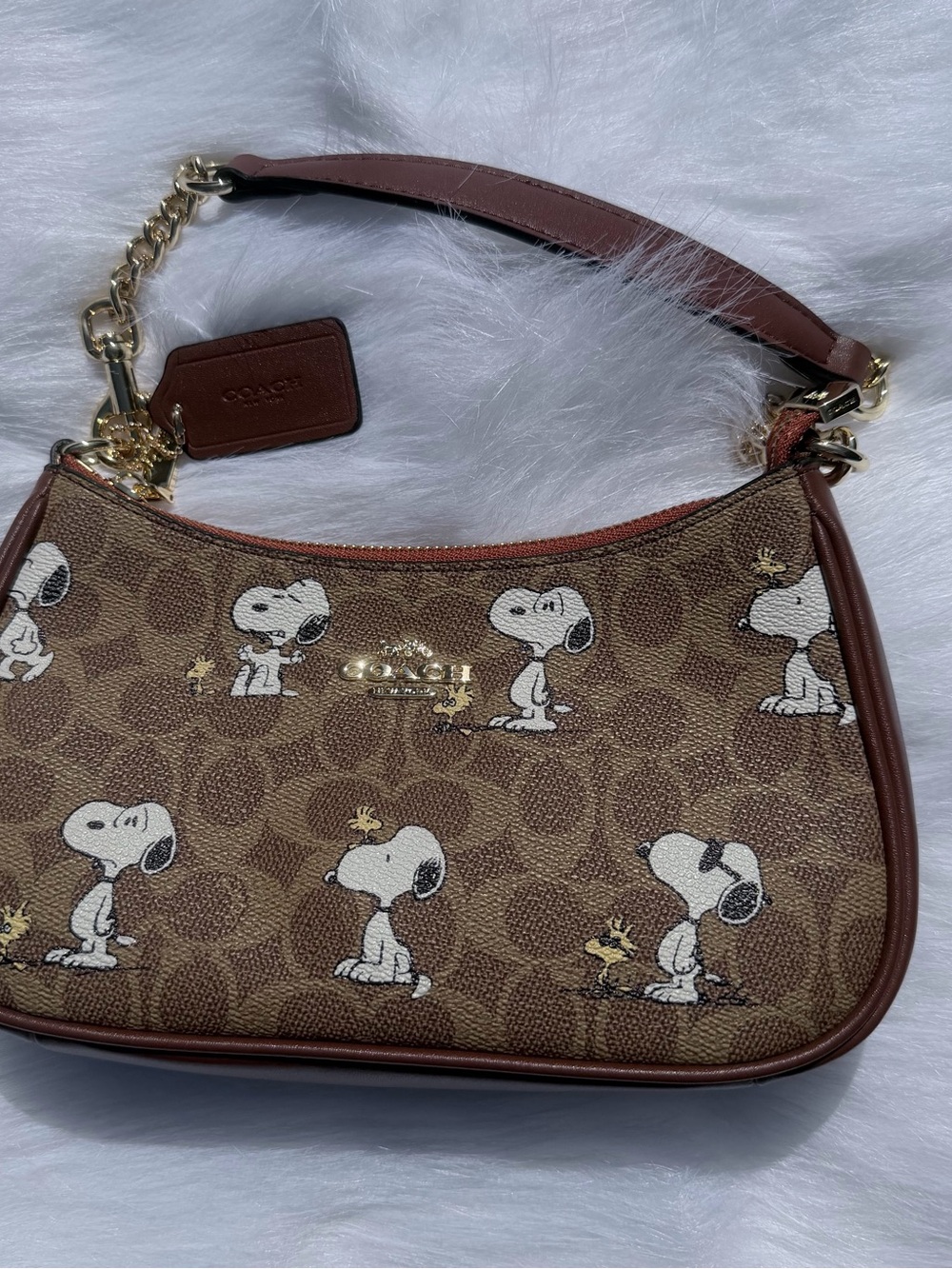 Coach Brown Snoopy Print Mini Shoulder Bag with Gold Hardware